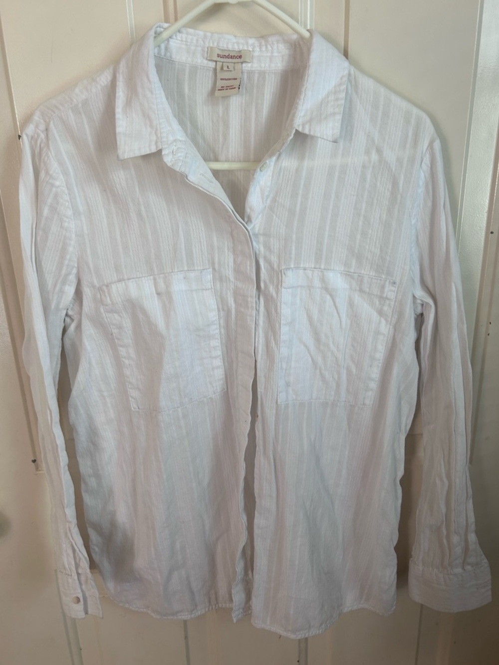 Sundance White Striped 100% Cotton Button Down Casual Shirt Size Large